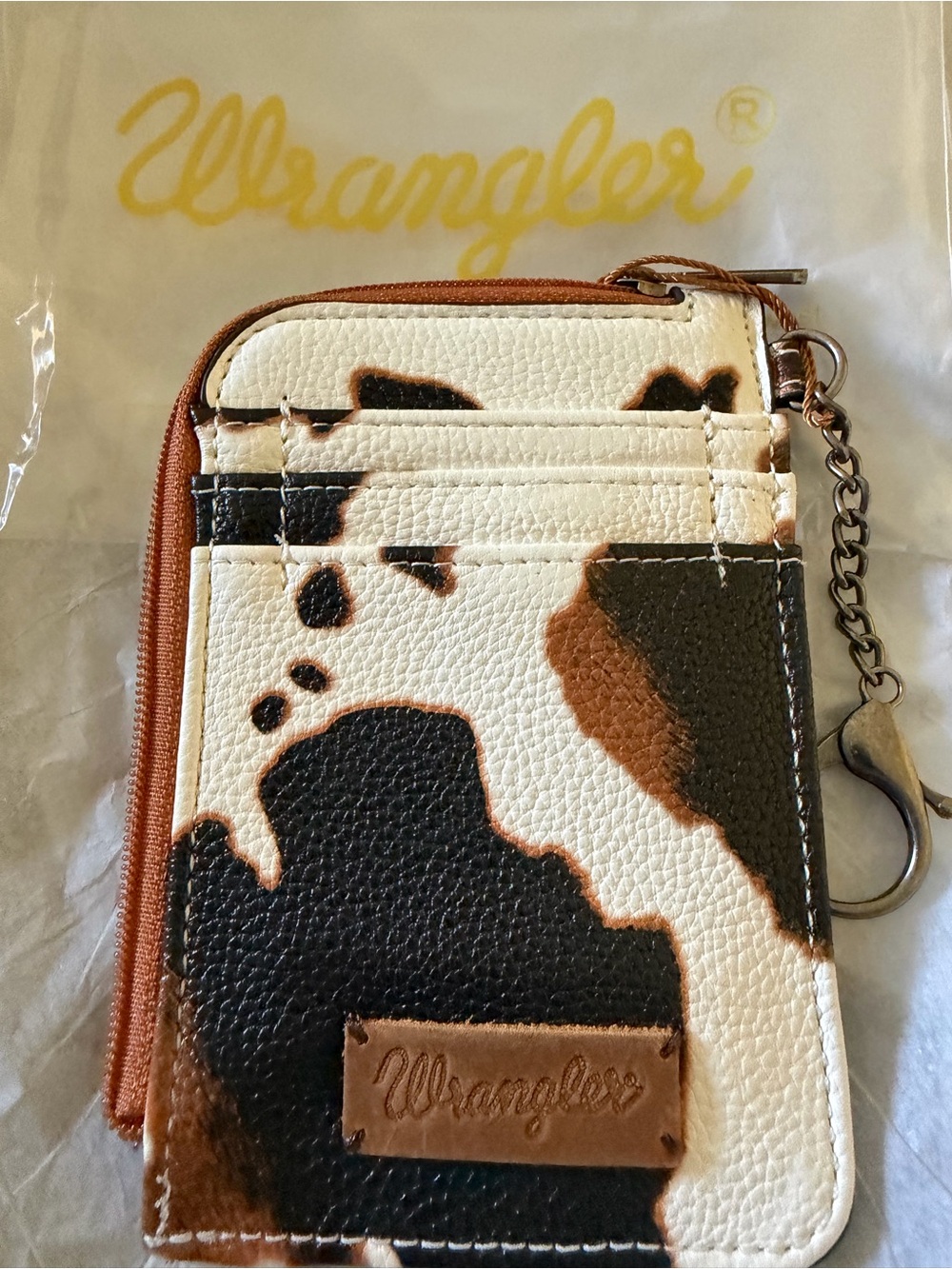 Wrangler Cowhide-Print Card Wallet in White, Black & Brown